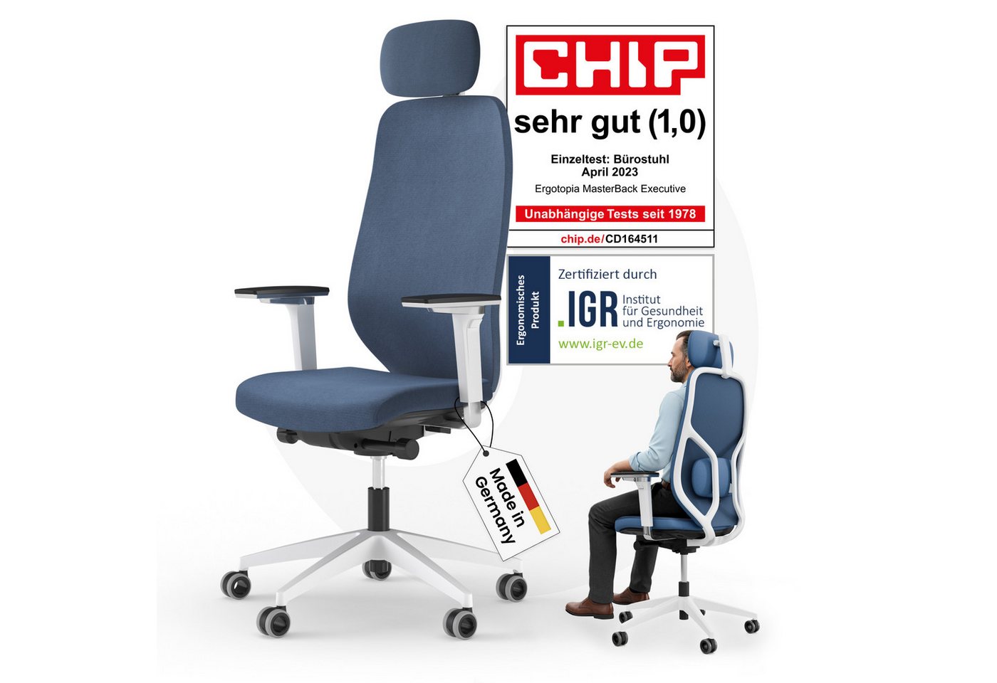 Ergotopia Bürostuhl MasterBack ergonomischer Schreibtischstuhl mit Kopfstütze (bereits montiert)