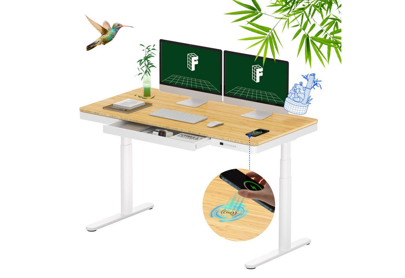 FLEXISPOT Schreibtisch Höhenverstellbarer Schreibtisch MIT Schubladen (mit kabellosem Laden, 4 Memory-Tasten, Schublade & Kabelmanagement), Doppelmotor, 3-stufige Beine, 140x70cm Bambusplatte, einfache Montage