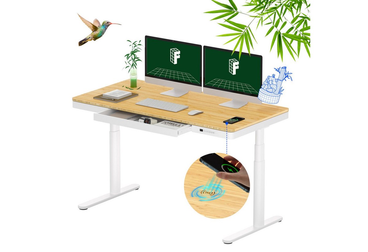 FLEXISPOT Schreibtisch Höhenverstellbarer Schreibtisch MIT Schubladen (mit kabellosem Laden, 4 Memory-Tasten, Schublade & Kabelmanagement), Doppelmotor, 3-stufige Beine, 140x70cm Bambusplatte, einfache Montage