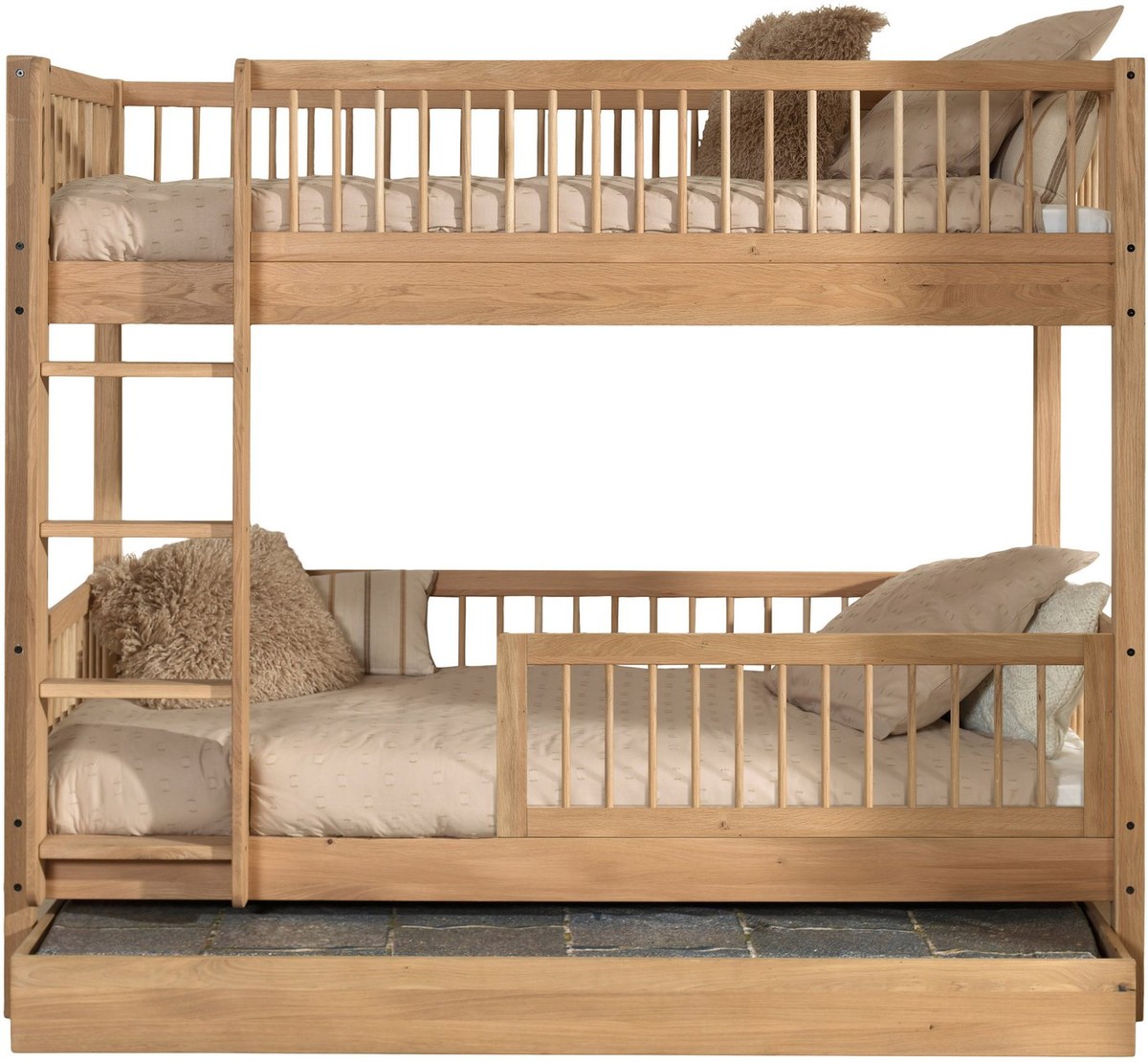 Vipack Etagenbett Eiche massiv, Made in Europe, langlebige Qualität (B/H/T ca. 208x176x98cm, Schublade+unterer Rausfallschutz optional), 2 Lattenroste, wahlweise mit oder ohne Bettschublade und Absturzschutz