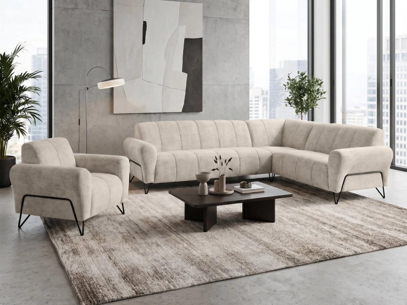 Beautysofa Polstergarnitur im modernen Stil auf hohen Metallbeinen VOLARE, (Sofagarnitur aus Chenille-Stoff, Beige Grau, Ecksofa L + Sessel Set moderne Couchgarnitur), HR-Schaum, Wellenfederung, freistehend