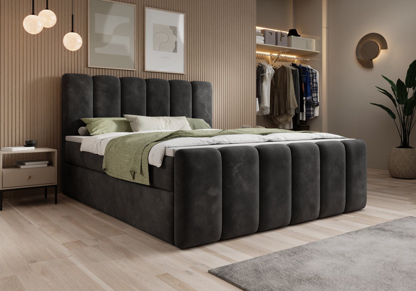 thematys Boxbett mit Bettkasten 140x200–200x200 cm – Velours oder Bouclé Bezug – (Polsterbett Bonnellfederkern Matratze H3 + Gratis 3cm Topper, Boxbett - Luxus Doppelbett mit Stauraum)