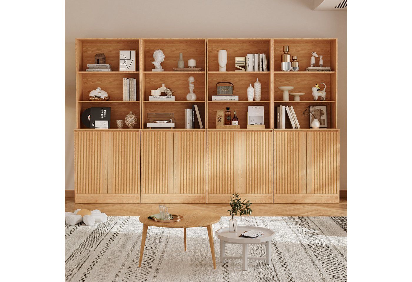 VOWNER Bücherregal 5-stöckig mit 2 Holztüren, 180 cm hoher Standregal mit offenen Fächern, 4-tlg., Mehrzweckschrank, Wohnzimmerschrank, Küchenregal, Sideboard