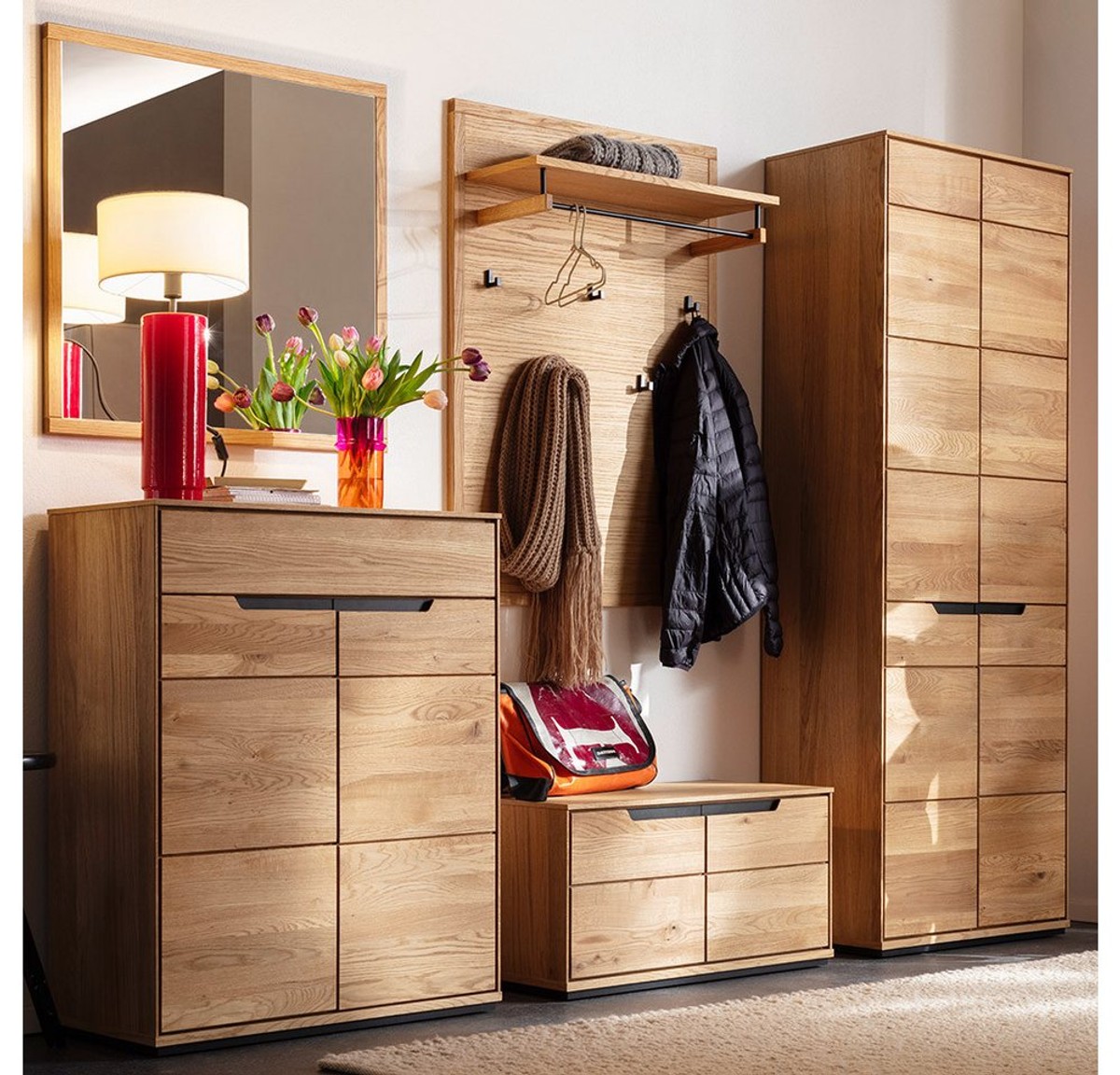 Lomadox Garderoben-Set AVESTA-06, (Spar-Set, 5-St., Garderobenbank Paneel Garderobenschrank Spiegel Schuhschrank), in Eiche teilmassiv, grifflos