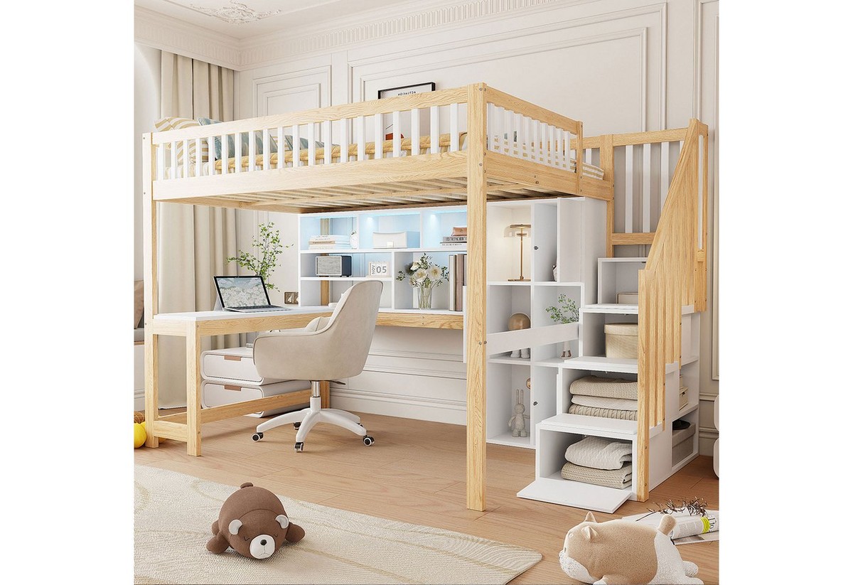 Flieks Hochbett Kinderbett 140x200cm mit Ambientelicht, Ablagefächer und Schreibtisch