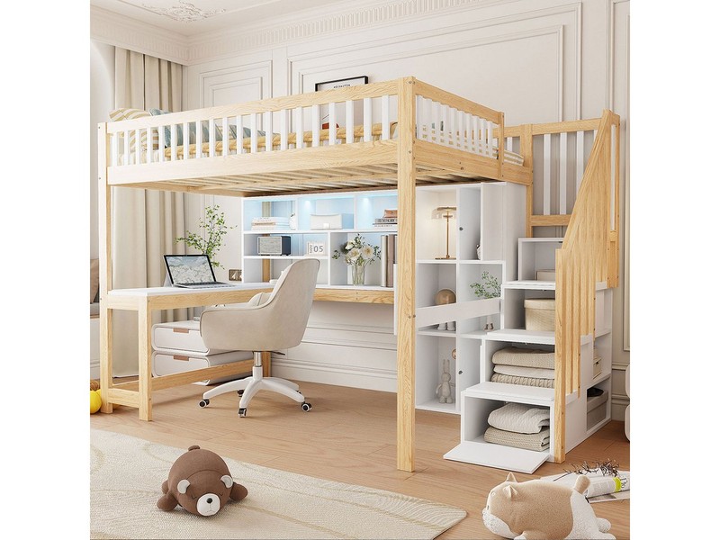 Flieks Hochbett Kinderbett 140x200cm mit Ambientelicht, Ablagefächer und Schreibtisch