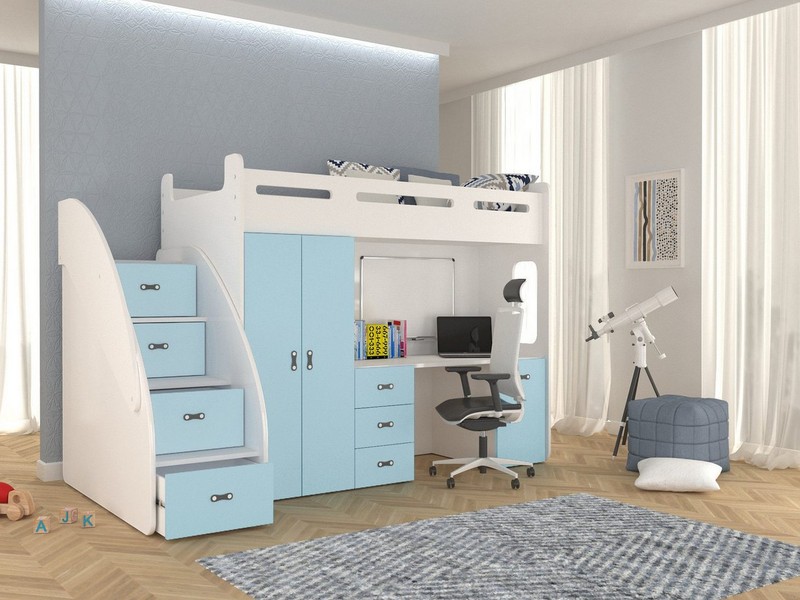 thematys Etagenbett 80x200cm mit Treppe, Schrank und Schreibtisch Hochglanz (für Jungen und Mädchen, Jugendbett, Kleiderschrank, Kinderzimmer, 3 in 1, 180cm x 130cm x 259cm)