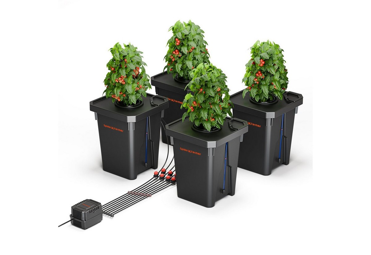 Spider Farmer Bewässerungssystem Spider Farmer Tiefwasserkultur (DWC) Hydroponik-System, (Komplettset inklusive Belüftung und Bewässerung), DWC System mit Top Drip Bewässerung für 4 Pflanzen