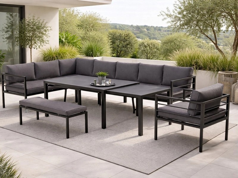 Gardissimo Gartenlounge-Set Larino Gartenmöbelset Tisch ausizehbar Dining Lounge Alu, (Spar-Set, 4-tlg., Alu, Ecklounge, ausziehbarer Esstisch, Sessel, Bank, inkl. Auflagen), ausziehbarer Tisch, verstellbares Kopfteil, spiegelverkehrt montierbar