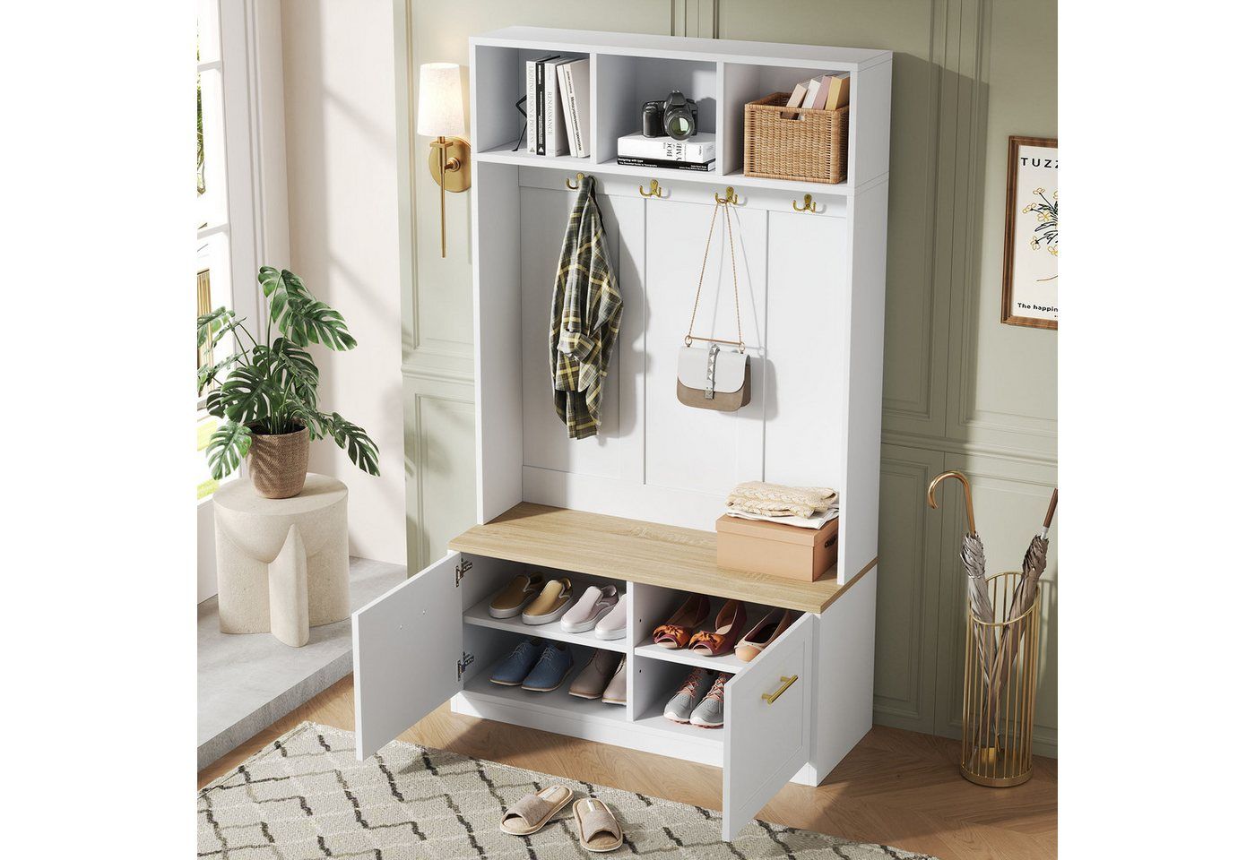 Flieks Garderoben-Set mit Shuhschrank, Sitzbank, offenen Fächern und Kleiderhaken, (1-St., B105xT40×H180 cm), Kompaktgarderobe Flurmöbel mit Schuhbank Ablagefächer Weiß&Natur