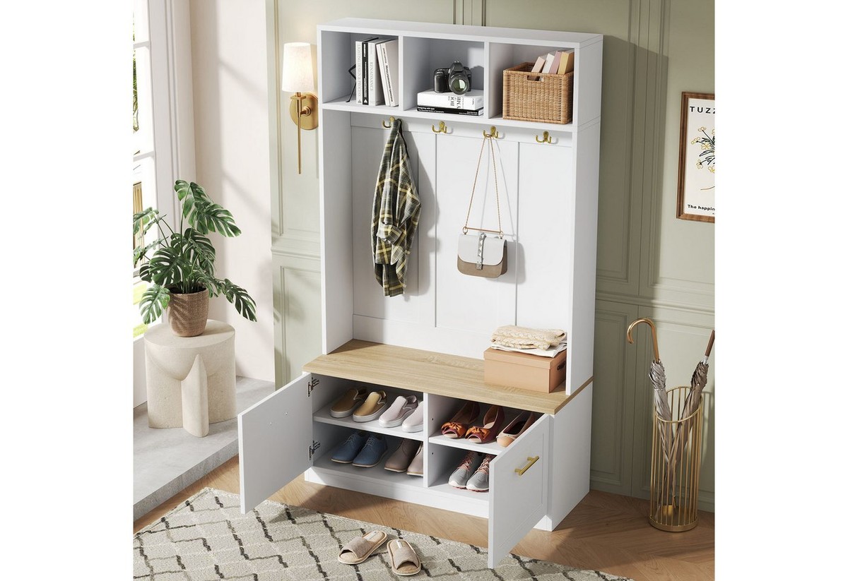 Flieks Garderoben-Set mit Shuhschrank, Sitzbank, offenen Fächern und Kleiderhaken, (1-St., B105xT40×H180 cm), Kompaktgarderobe Flurmöbel mit Schuhbank Ablagefächer Weiß&Natur