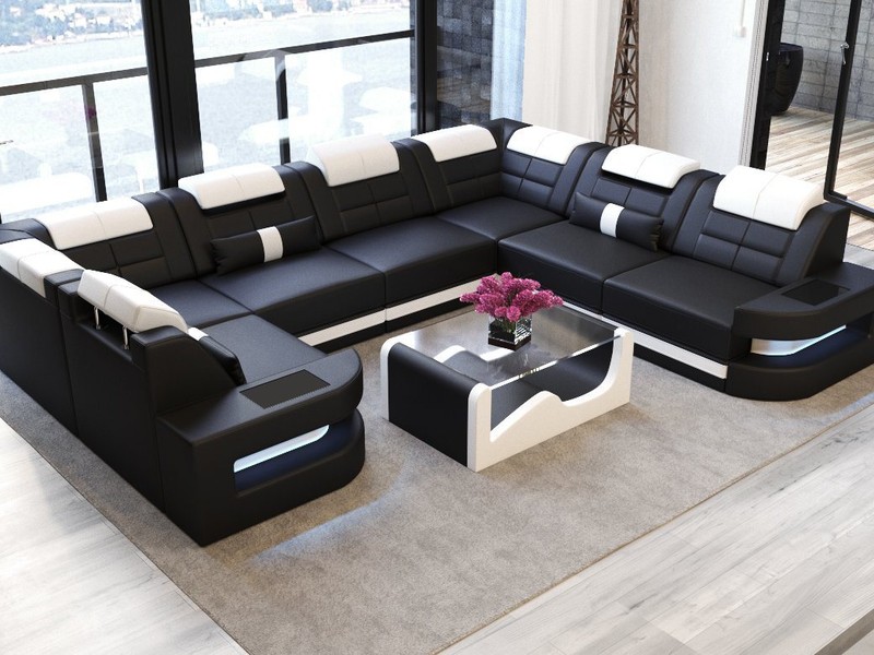 Sofa Dreams Wohnlandschaft Leder Ledercouch Sofa Como U Form Ledersofa, Couch, mit LED, wahlweise mit Bettfunktion als Schlafsofa, Designersofa