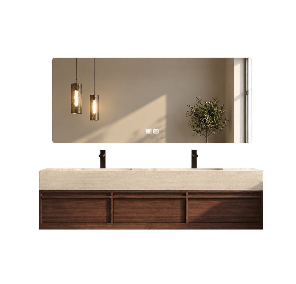 Muxing Badmöbel-Set Doppelwaschbecken Travertinoptik mit Spiegel und Unterschrank, (Set)