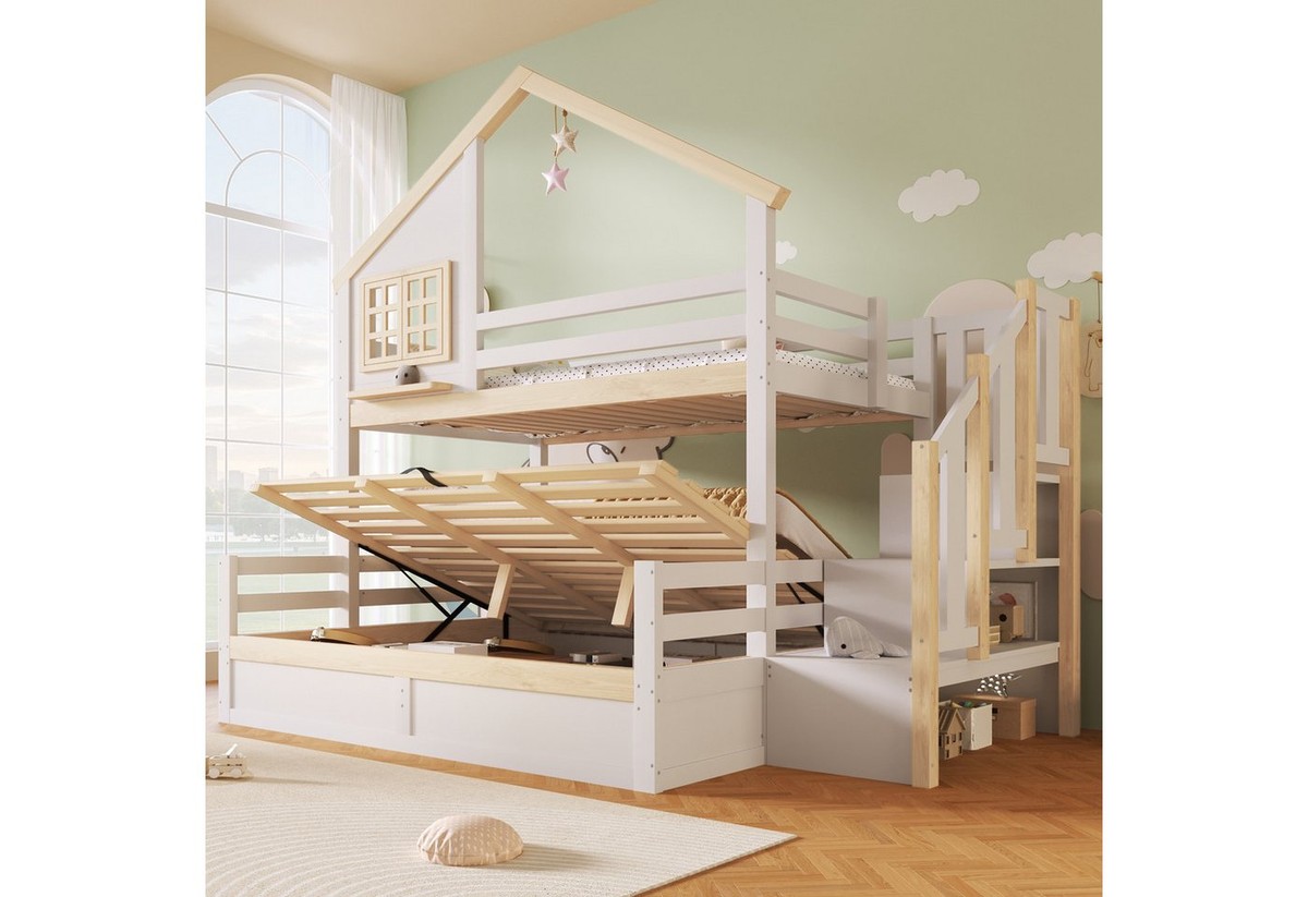 Merax Etagenbett 90x200 & 140x200 cm mit Hausdesign (1-St., Jugendbett Doppelbett Stockbett Spielbett mit Fensteroptik), Kiefernholz Kinderbett mit hydraulischem Stauraum, Treppe & Geländer