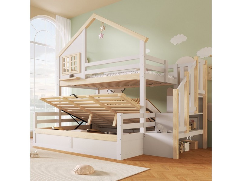 Merax Etagenbett 90x200 & 140x200 cm mit Hausdesign (1-St., Jugendbett Doppelbett Stockbett Spielbett mit Fensteroptik), Kiefernholz Kinderbett mit hydraulischem Stauraum, Treppe & Geländer
