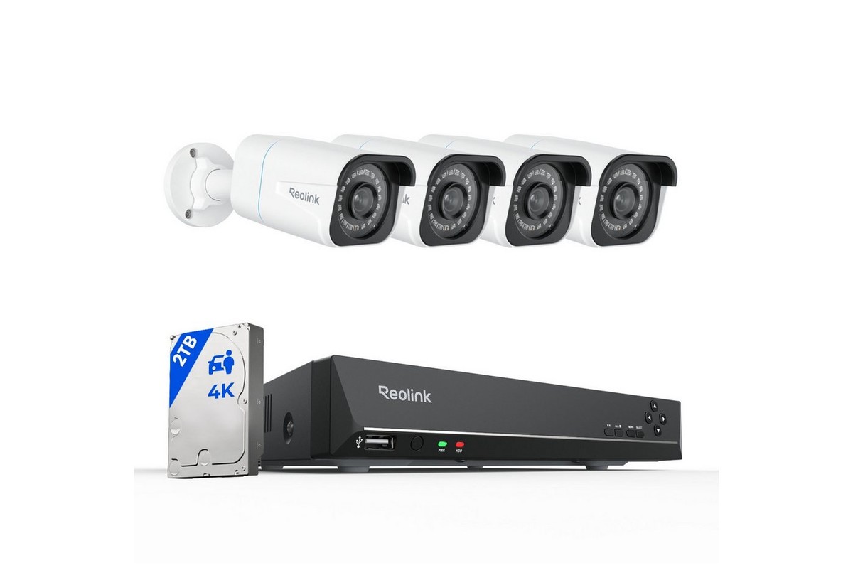 Reolink Überwachungskamera 4K PoE Überwachungskamera Set RLK8-810B4-A (AuBenbereich, Innenbereich, 8CH 2TB HDD NVR,4X PoE IP Kamera, Personen-/Fahrzeug-/Tiererkennung)