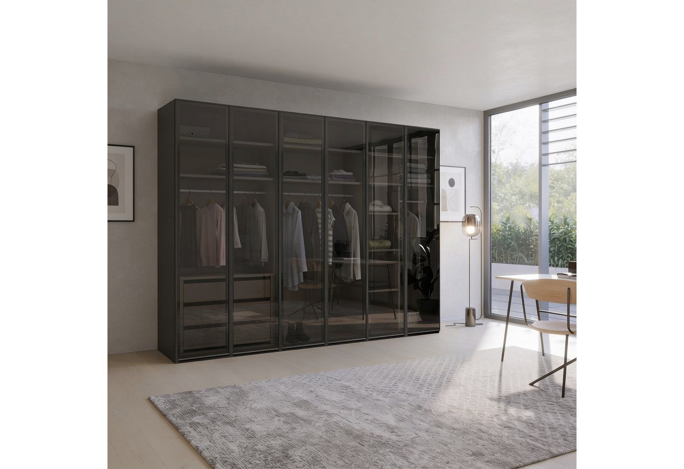Palms-Store Kleiderschrank Athen mit 6- Glasrahmentüren inkl. Zubehör Set (Spar-Set) Breite: 300cm, Tiefe: 62cm, Höhe: 218cm