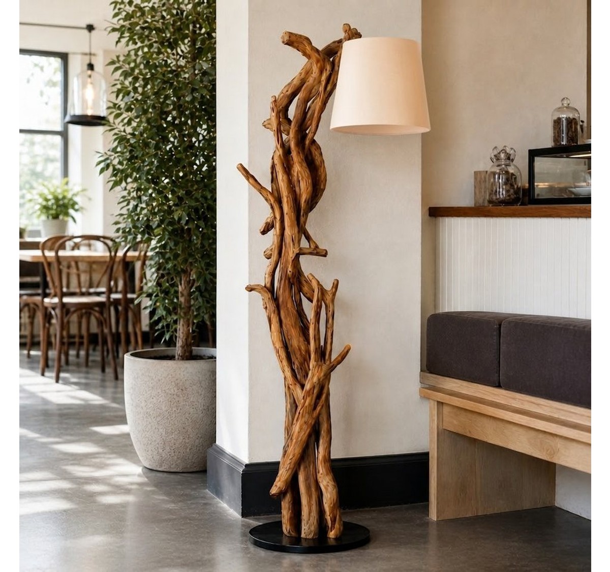 Möbel Bressmer Stehlampe MORGAN Stehlampe holz 185cm,teakholz stehlampe,natürlich Leinenfarbton, ohne Leuchtmittel