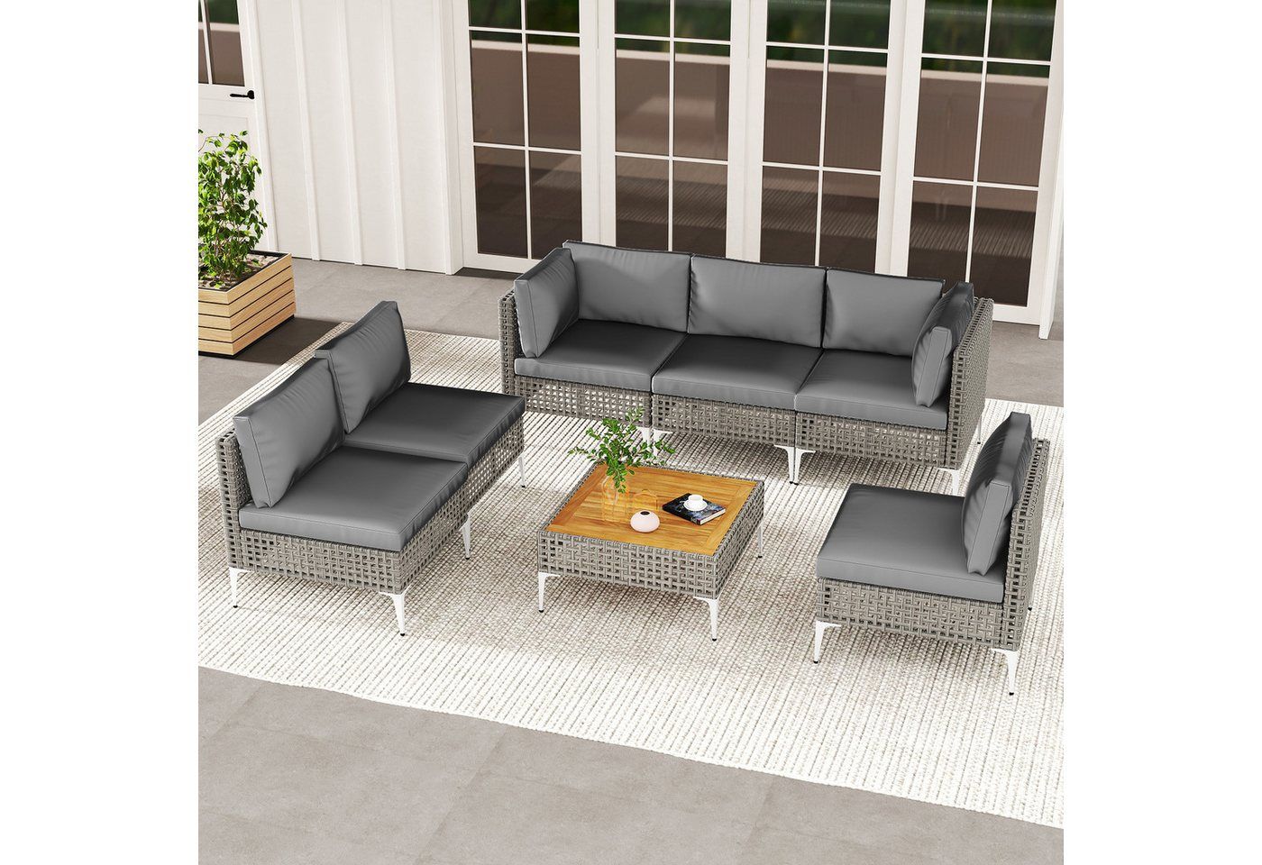 COSTWAY Gartenlounge-Set, (7-tlg), Gartenmöbel Set Rattan & Akazie, mit Kissen