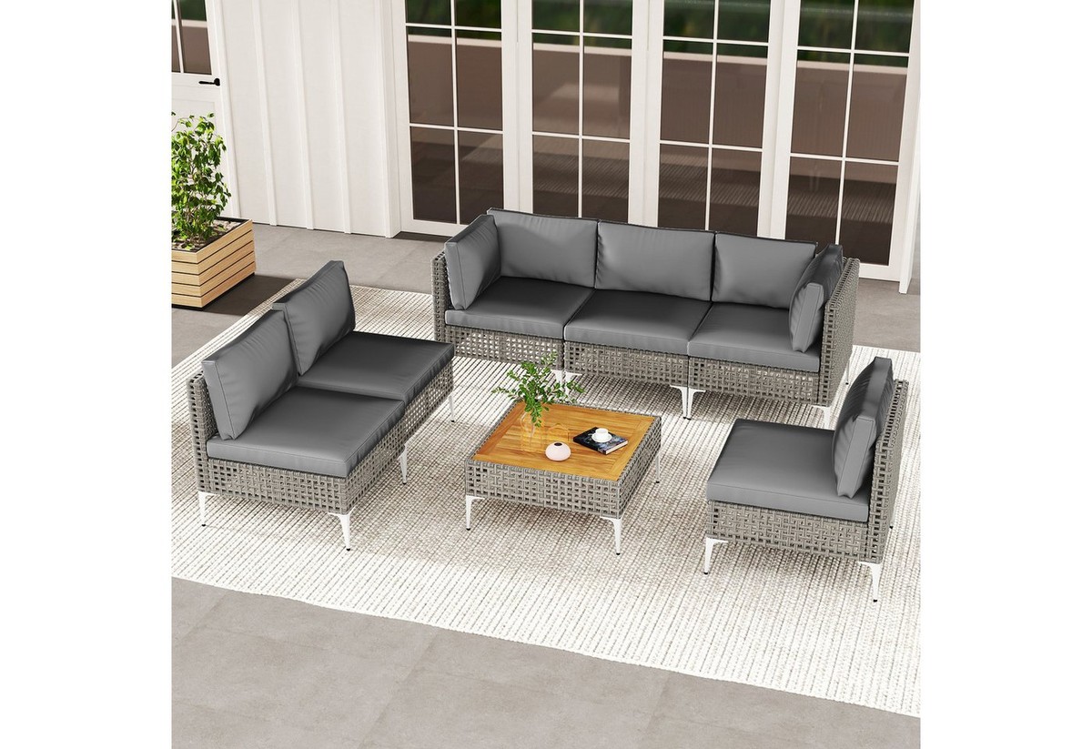 COSTWAY Gartenlounge-Set, (7-tlg), Gartenmöbel Set Rattan & Akazie, mit Kissen
