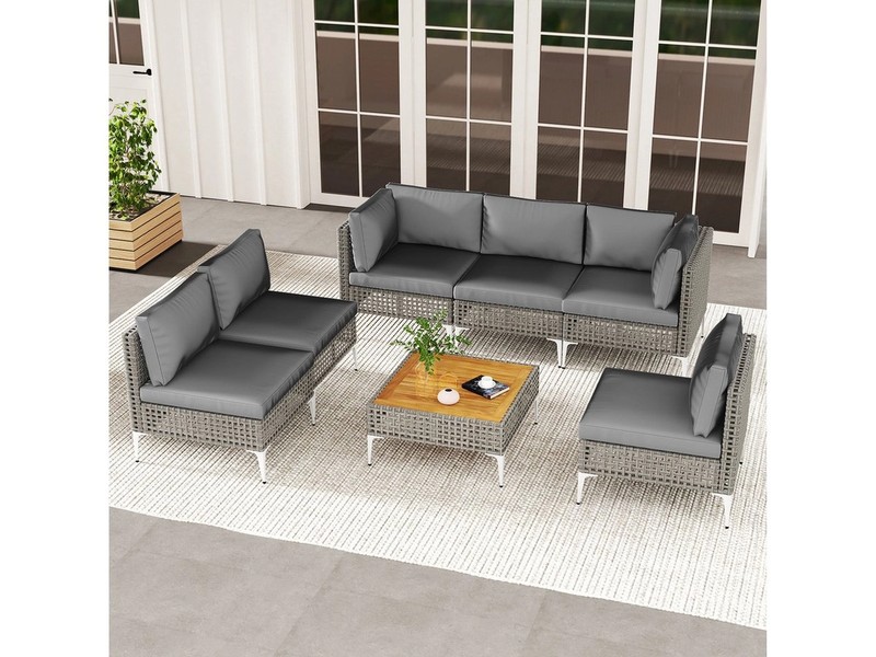 COSTWAY Gartenlounge-Set, (7-tlg), Gartenmöbel Set Rattan & Akazie, mit Kissen