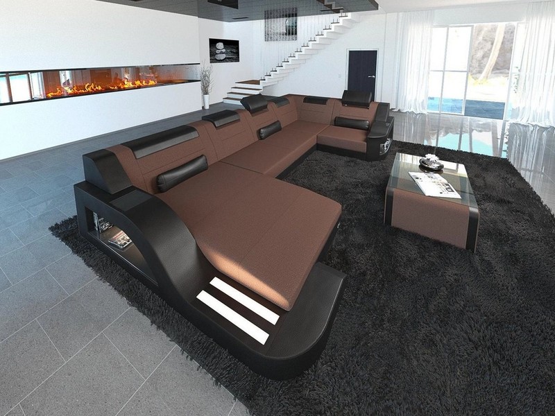 Sofa Dreams Wohnlandschaft Stoffsofa Couch Stoff Polster Palermo U Form Sofa, mit LED, ausziehbare Bettfunktion, USB-Anschluss, Designersofa