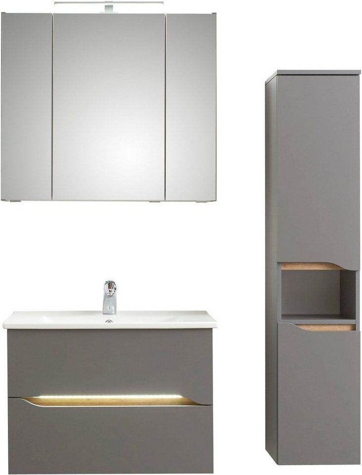Saphir Badmöbel-Set Quickset 3-teilig, Keramik-Waschtisch und LED-Spiegelschrank, (5-St), mit Midischrank, 2 Türen, 1 Nische, 2 Schubladen, inkl. Türdämpfer