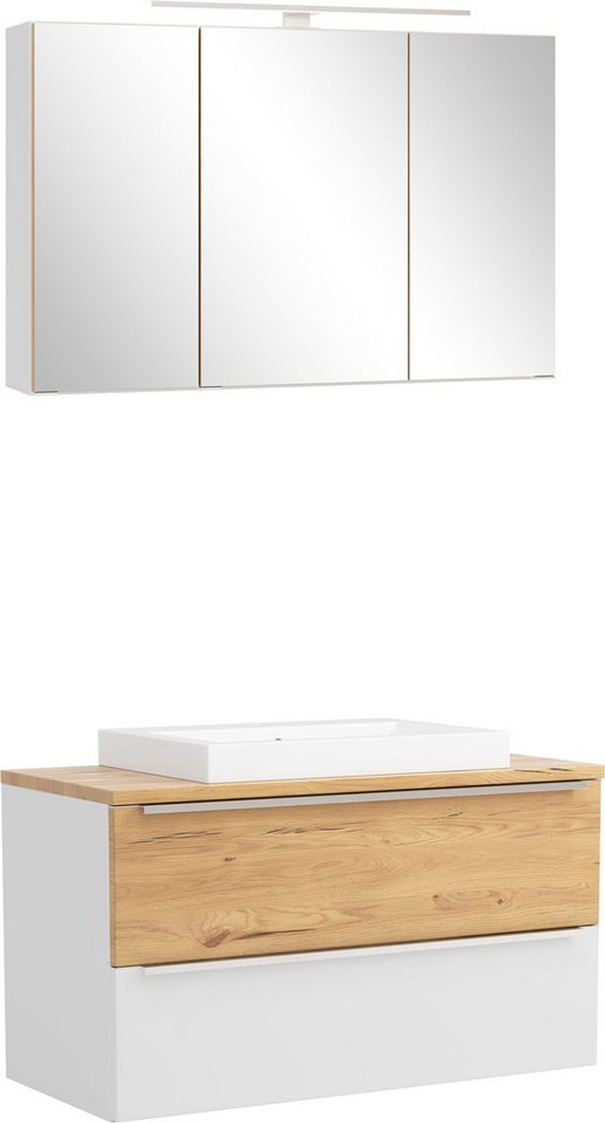 welltime Badmöbel-Set TRIENT, Set: Spiegelschrank und Waschtisch, (2-St., Maße (B/H/T): ca. 100/200/47 cm), matt weiß/wildeiche, LED-Aufbauleuchte, 2tlg. Waschtisch-Set