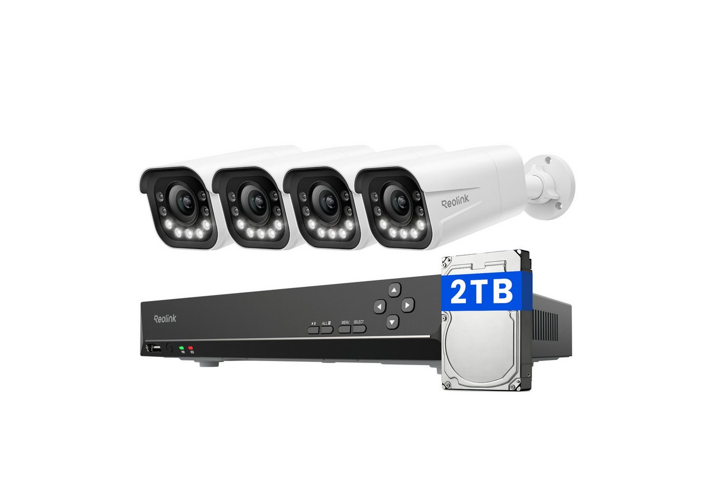Reolink Überwachungskamera 8MP 4K PoE Sicherheitssystem mit Smart-Erkennung (Innenbereich, Außenbereich, 4X 8MP PoE IP Kamera und 2TB HDD 8CH NVR, 24/7 Videoüberwachung,IP66 Wetterschutz,Personener-Fahrzeugerkennung)