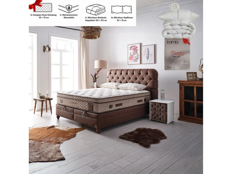 Bambi Boxspringbett mit Taschenfederkernmatratze Individuelle Härtegrad inkl. Lieferung (Set, 2 Bettkästen + Matratze + Chester Kopfteil), Individuelle Härtegrad Konfiguration