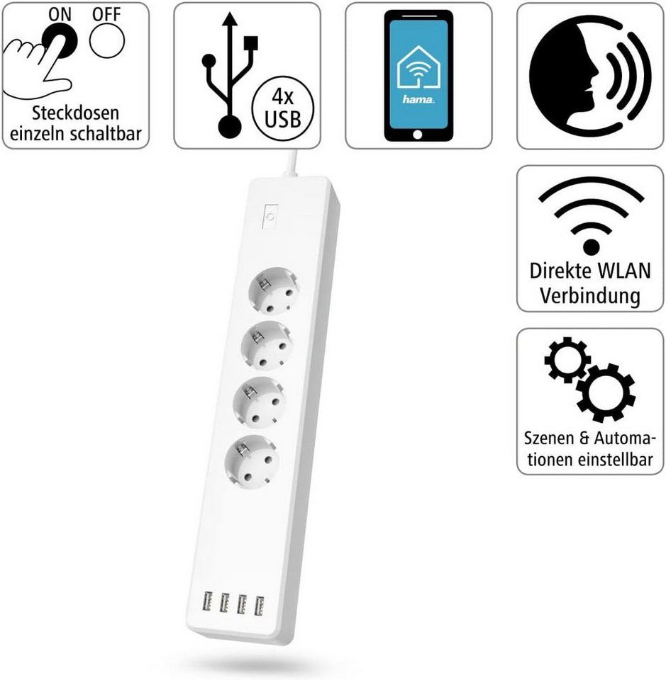 Hama Hama WLAN Steckdosenleiste 4-fach 4x USB-A App einzeln schaltbar 2300W Smarte Vierfach-Steckdosenleiste, Alexa Google Assistant Siri Shortcuts Überlastschutz