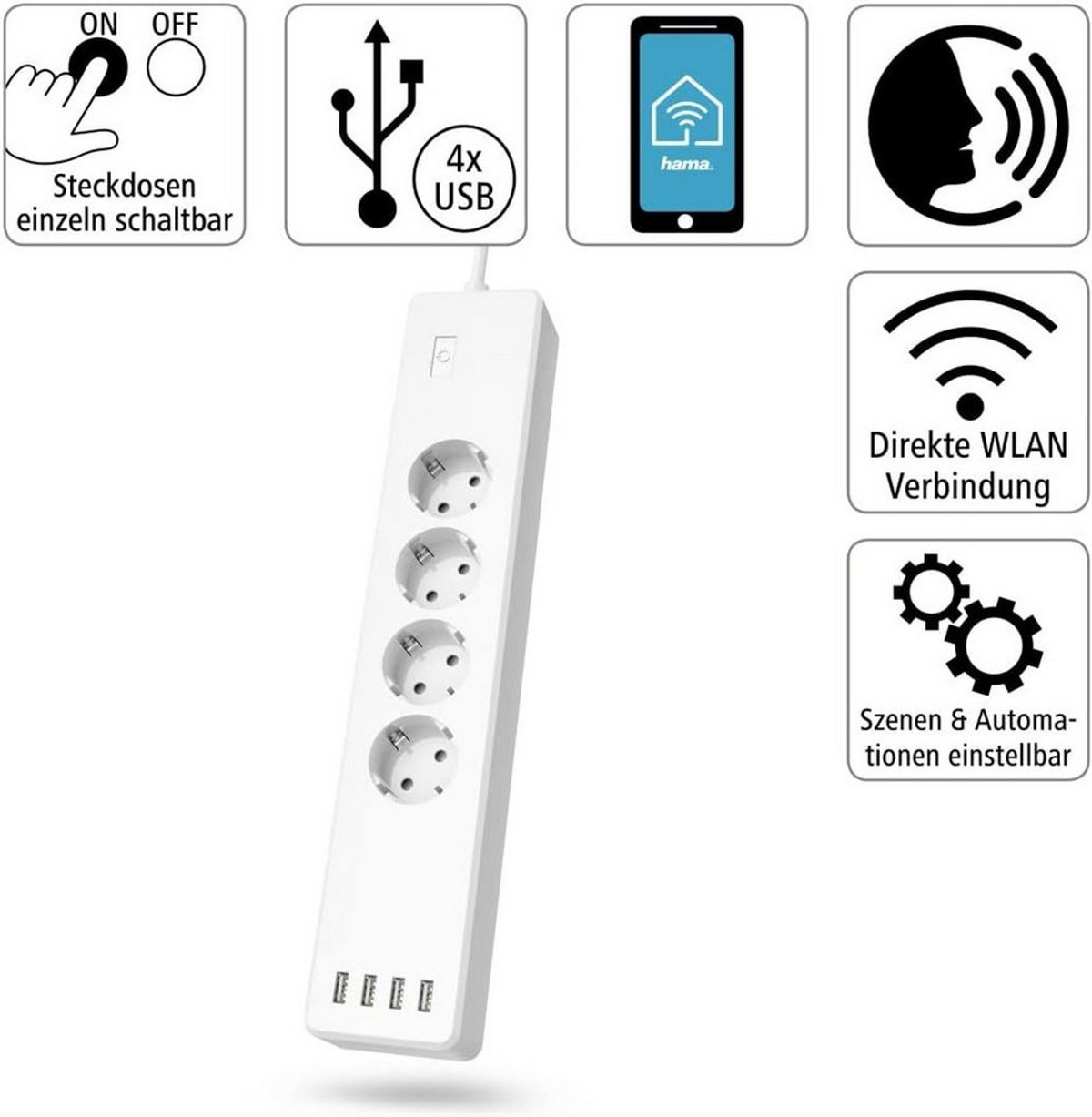 Hama Hama WLAN Steckdosenleiste 4-fach 4x USB-A App einzeln schaltbar 2300W Smarte Vierfach-Steckdosenleiste, Alexa Google Assistant Siri Shortcuts Überlastschutz