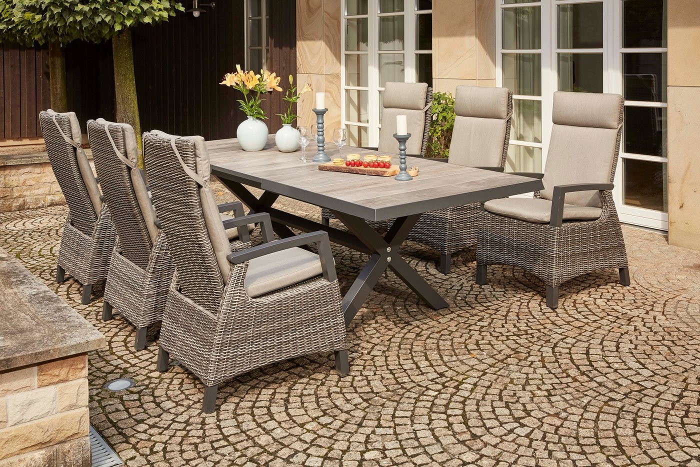 Siena Garden Garten-Essgruppe Corido, (7-tlg., 6 Sessel: 72x61x109 cm, Tisch Sincro: 200/260x100x77 cm,inkl. Auflagen), Aluminium, verstellbar, ausziehbar, geeignet für 6 bis 8 Personen