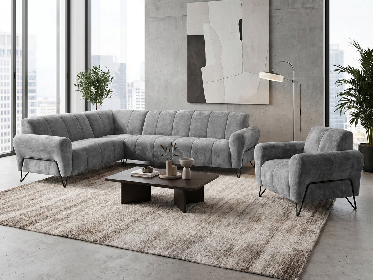 Beautysofa Polstergarnitur im modernen Stil auf hohen Metallbeinen VOLARE, (Sofagarnitur aus Chenille-Stoff, Beige Grau, Ecksofa L + Sessel Set moderne Couchgarnitur), HR-Schaum, Wellenfederung, freistehend