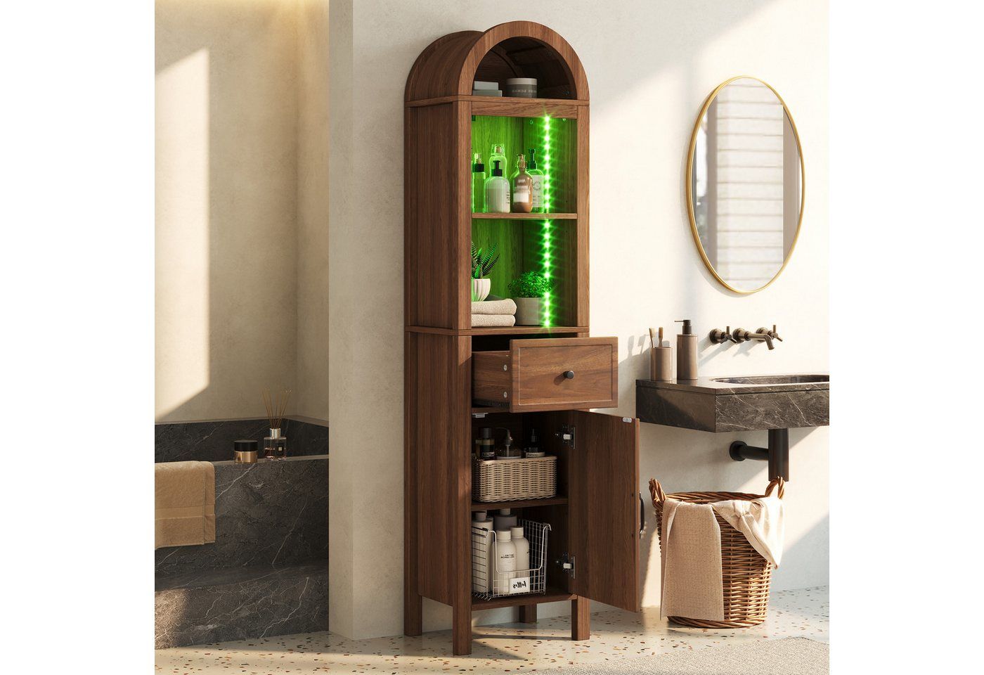 Flieks Badkommode schmal Hochschrank Bogenform mit LED-Beleuchtung, Schubladen (wendbare Tür Links-Rechts-Design, Magnetverschluss, Soft-Close-Funktion, 1 St., 40x30x163 cm, Multifunktionsschrank), Badezimmerschrank mit verstellbarer Einlegeböden Walnussholzfarbe