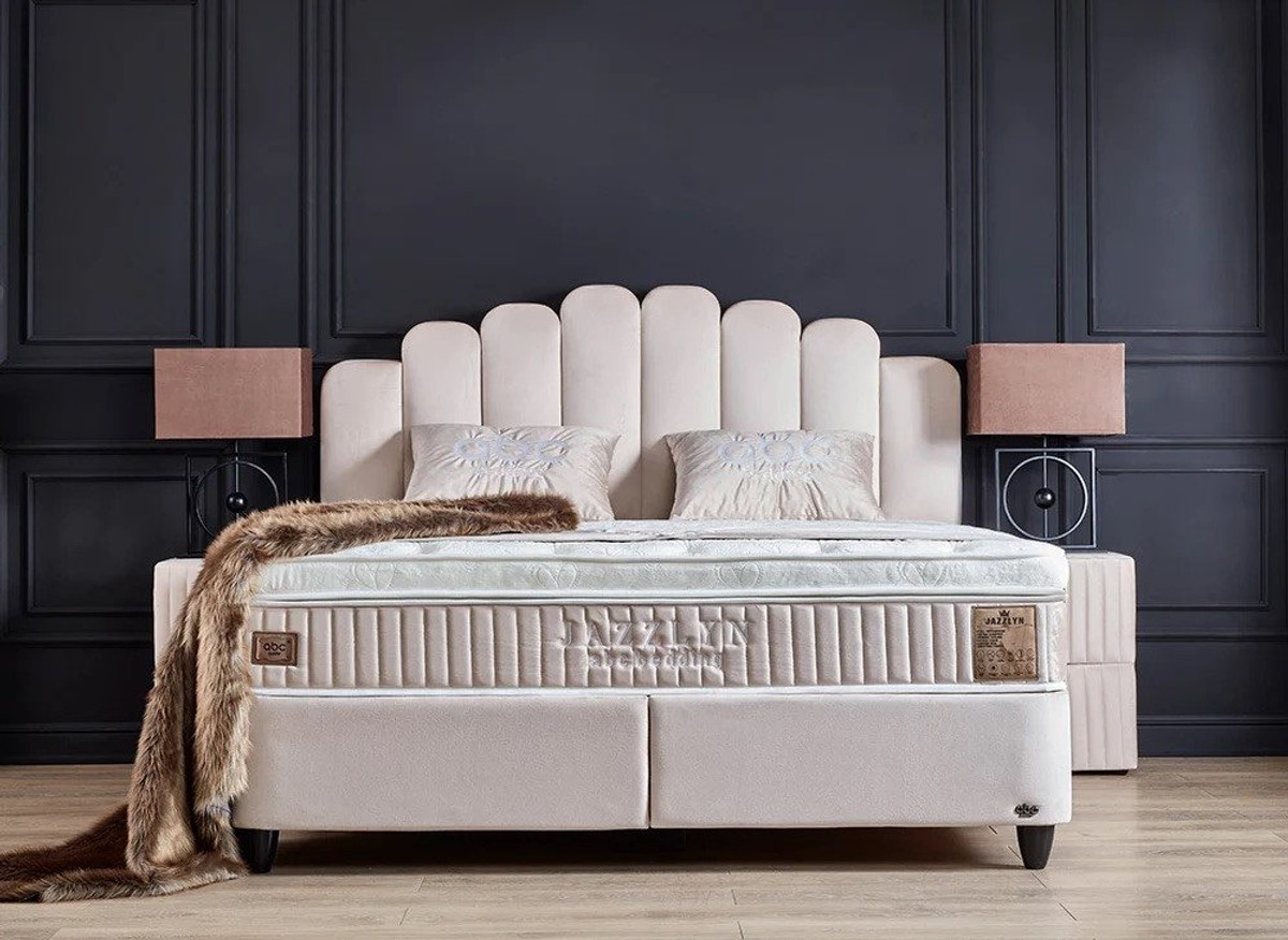 abc bedding Boxspringbett JAZZLYN Beige Samt Voll-orthopädisch mit Bettkasten & Stauraum