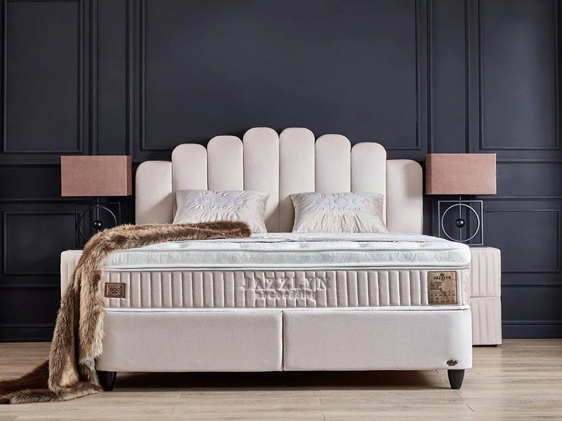 abc bedding Boxspringbett JAZZLYN Beige Samt Voll-orthopädisch mit Bettkasten & Stauraum