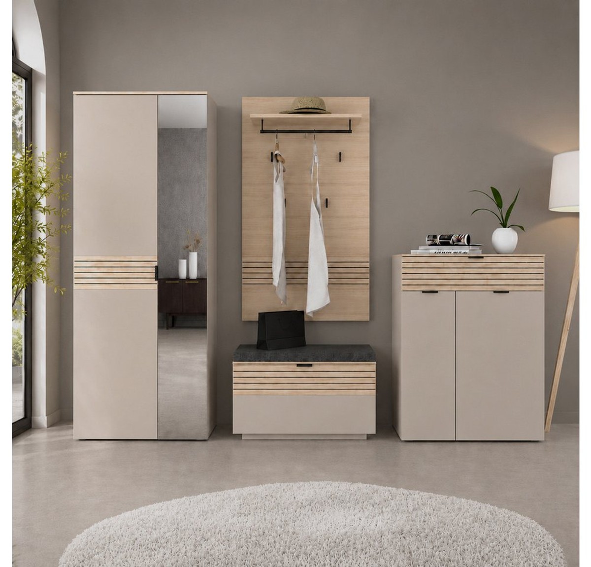Lomadox Garderoben-Set ISCHIA-36, (Spar-Set, 4-St., Schrank Garderobenpaneel Schuhbank Schuhkommode), in Beige mit Eiche, Lamellenoptik