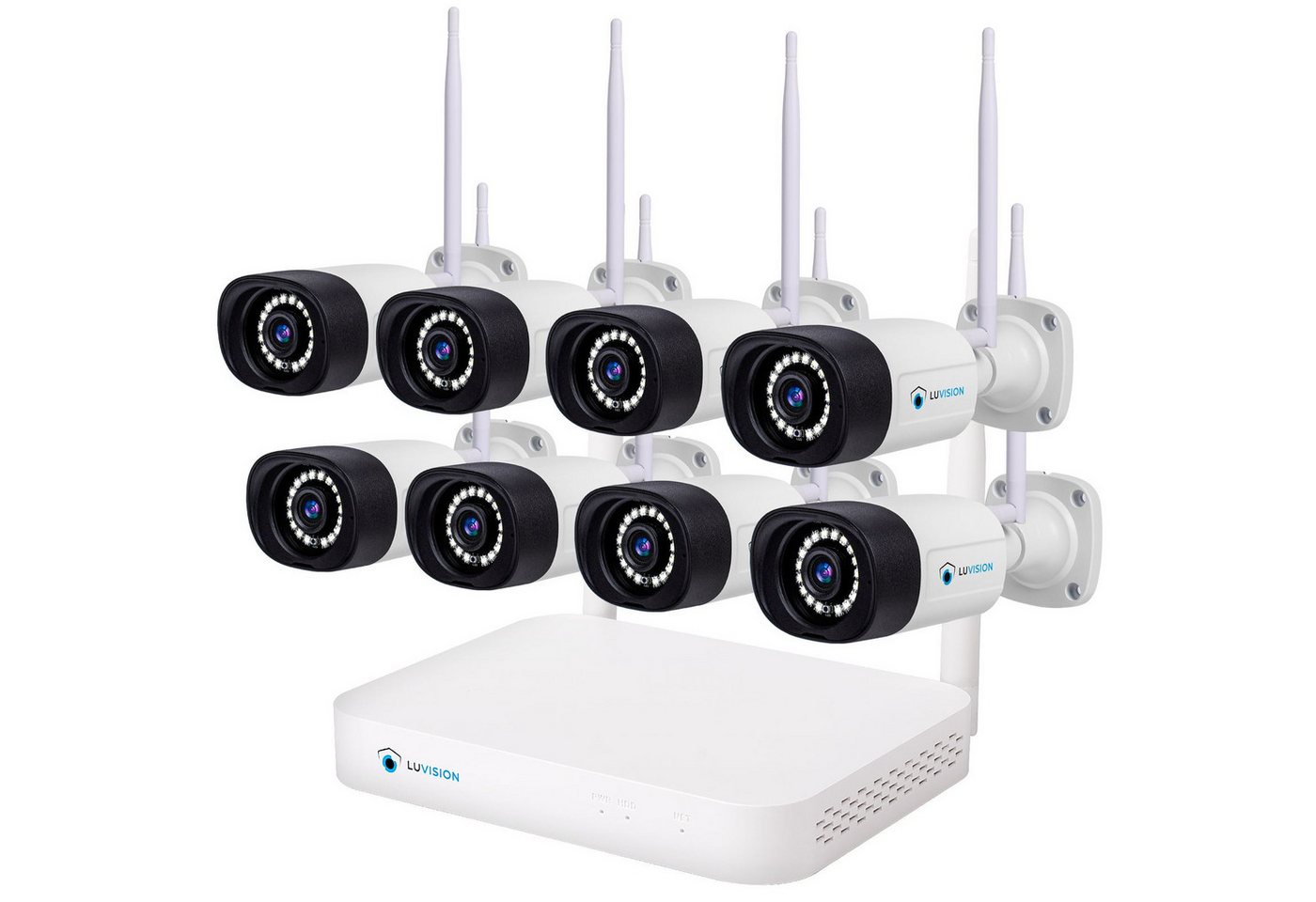 LUVISION Überwachungskamera K8508-W + PJ2151-W 8er (Außen- und Innenbereich, 8-tlg., WLAN Funk Überwachungssystem 8 x IP Überwachungskamera Set Mikrofon, Cloud, Audio, 10 Kanal NVR, Smarte farbige Nachtsicht)