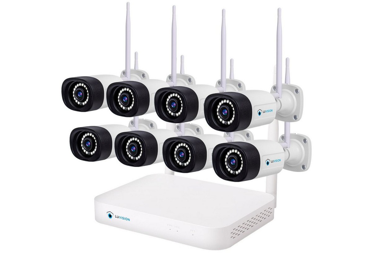 LUVISION Überwachungskamera K8508-W + PJ2151-W 8er (Außen- und Innenbereich, 8-tlg., WLAN Funk Überwachungssystem 8 x IP Überwachungskamera Set Mikrofon, Cloud, Audio, 10 Kanal NVR, Smarte farbige Nachtsicht)