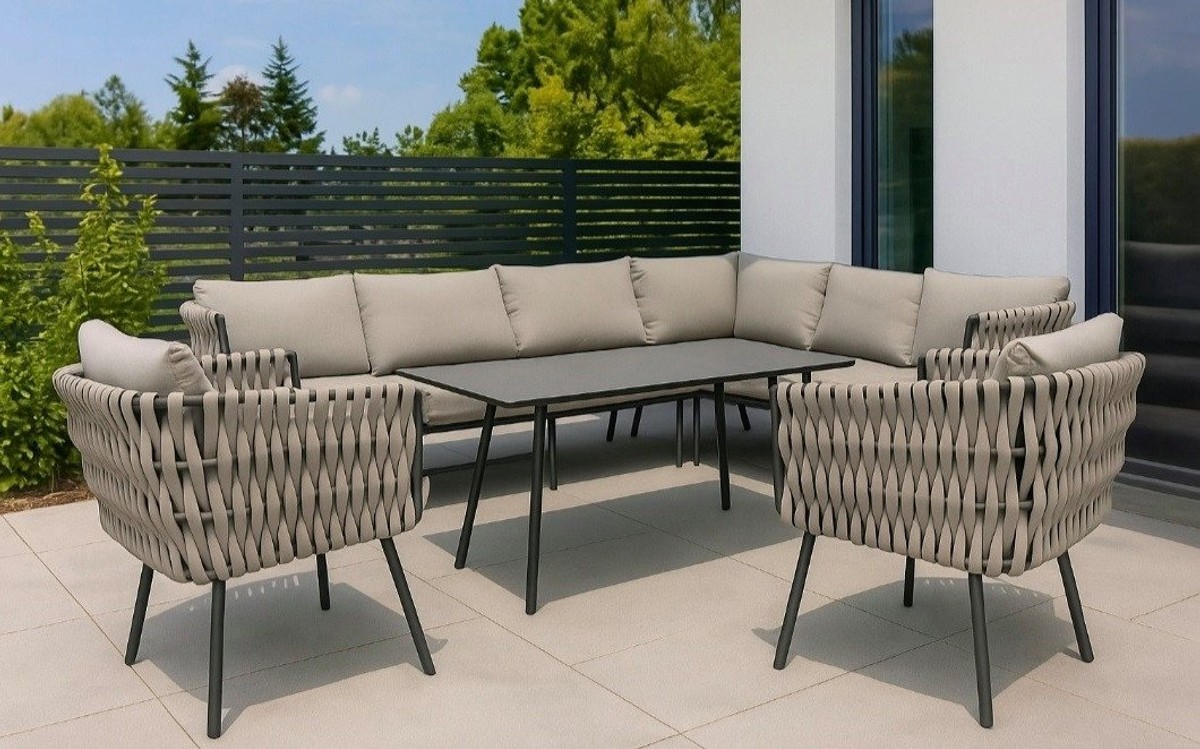 Gardissimo Gartenlounge-Set Abby rechts taupe Rope Dining Gartenmöbelset, (Set, 4-tlg., Alu, Ecklounge, Esstisch, 2 Sessel, inkl. Auflagen), wetterfest / Bezüge waschbar / Aluminium