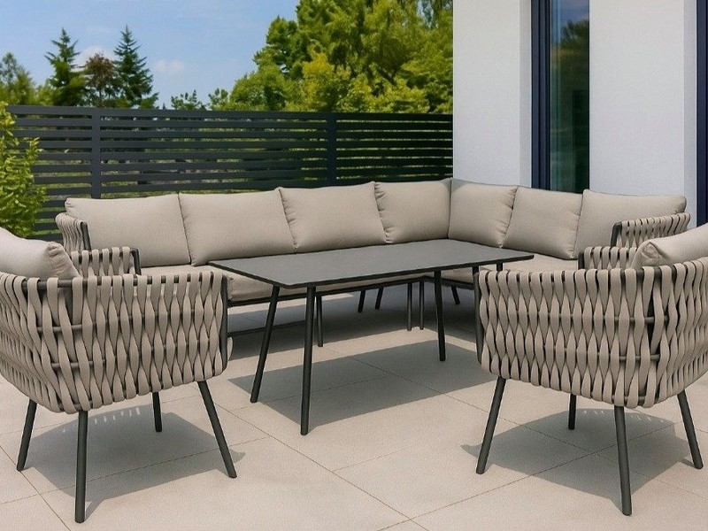 Gardissimo Gartenlounge-Set Abby rechts taupe Rope Dining Gartenmöbelset, (Set, 4-tlg., Alu, Ecklounge, Esstisch, 2 Sessel, inkl. Auflagen), wetterfest / Bezüge waschbar / Aluminium