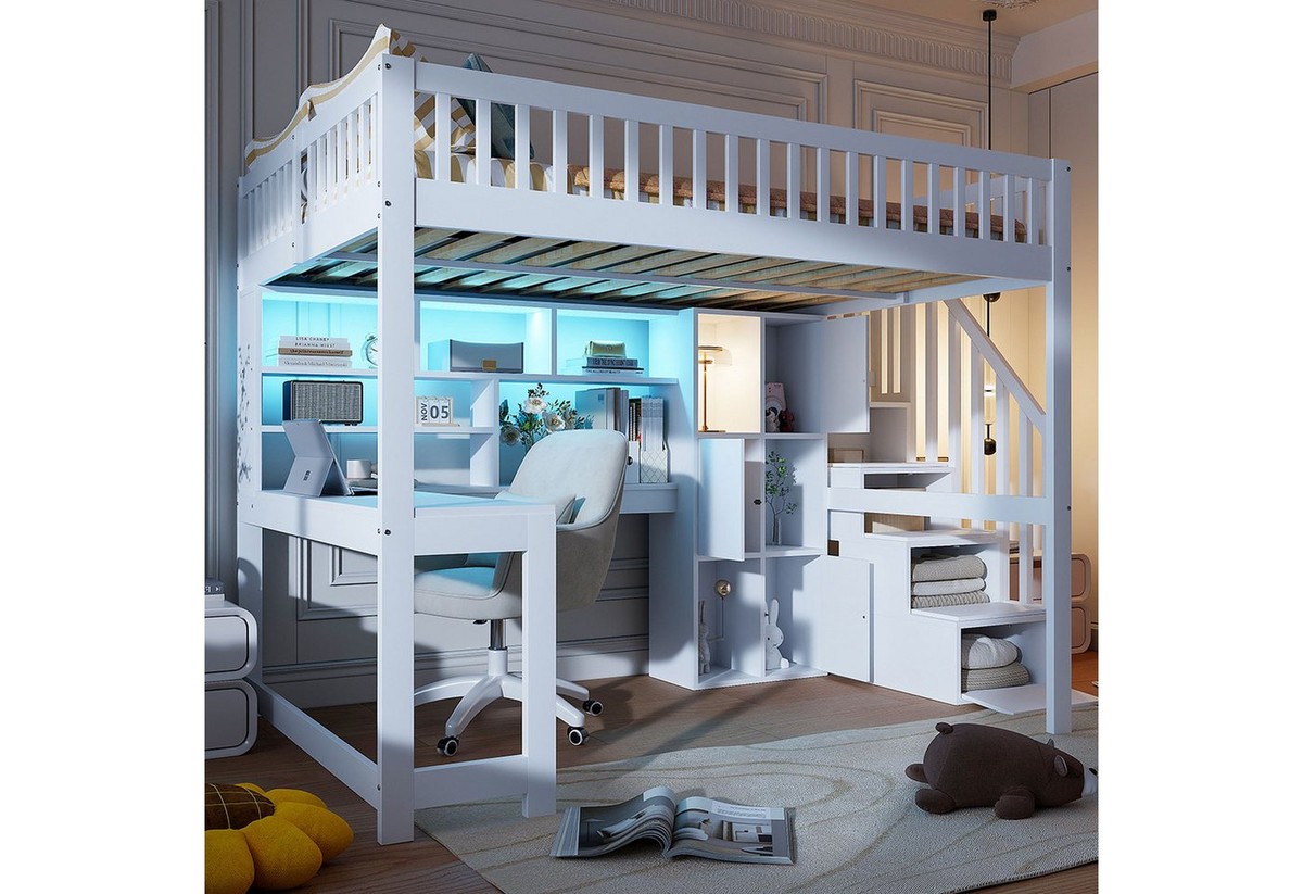 Merax Hochbett 140x200cm mit LED-Beleuchtung (1-St., Jugendbett Einzelbett Stockbett aus Kiefernholz/MDF) Kinderbett mit Stauraumtreppe, Regalen, Ablagefächern & Schreibtisch