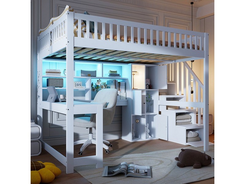Merax Hochbett 140x200cm mit LED-Beleuchtung (1-St., Jugendbett Einzelbett Stockbett aus Kiefernholz/MDF) Kinderbett mit Stauraumtreppe, Regalen, Ablagefächern & Schreibtisch