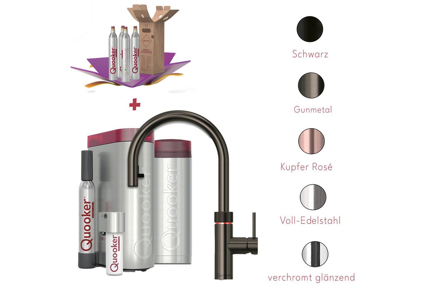 QUOOKER Küchenarmatur Quooker PRO3 & CUBE, Flex inkl. Cube-Filter (4x CO₂ gratis) (Spar-Set, Armatur mit PRO3 und CUBE für kochendes, gekühltes, sprudelndes Wasser) Kochendwasser, Sprudel, stilles wasser, Kindersicherung, Flexschlauch
