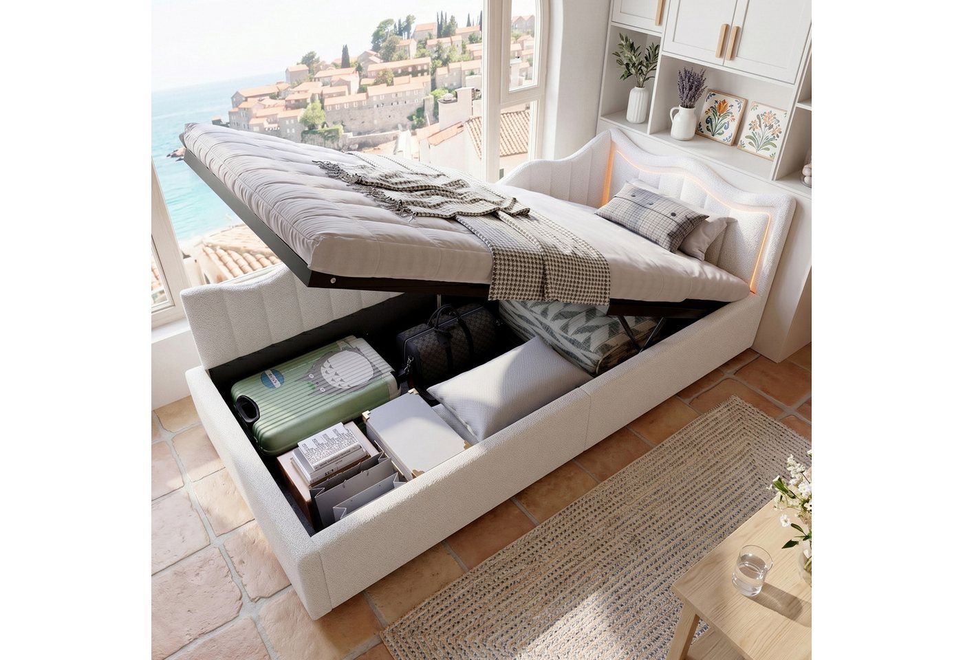 zebery Schlafsofa Daybett Polsterbett Tagesbett Mit Bettkasten, Set 1 Teile, 90x200 cm,LED-Licht,Multifunktionsbett,Samtstoff,Weiß