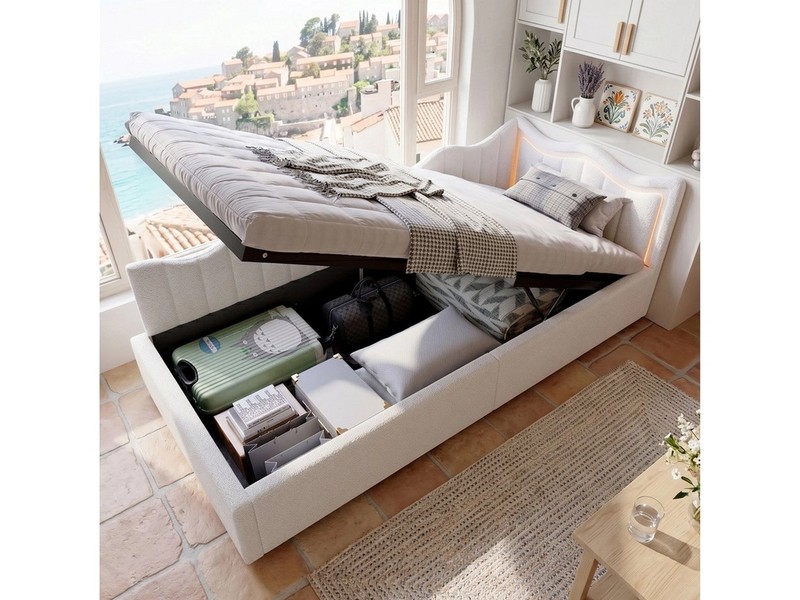 zebery Schlafsofa Daybett Polsterbett Tagesbett Mit Bettkasten, Set 1 Teile, 90x200 cm,LED-Licht,Multifunktionsbett,Samtstoff,Weiß