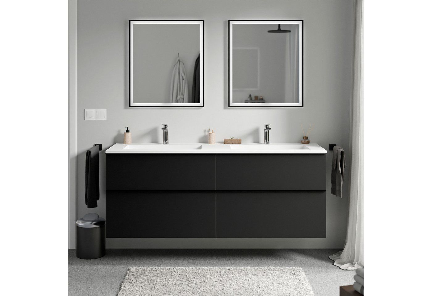 Bernstein Waschbeckenunterschrank LAVOA 160cm Schwarz matt BRUXELLES Weiß matt Waschtischunterschrank mit Doppelwaschbecken 4 Schubladen