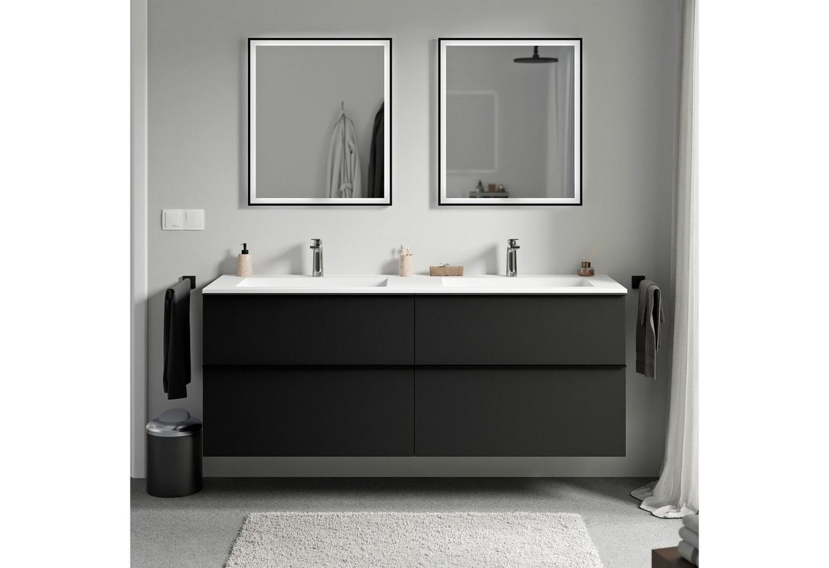 Bernstein Waschbeckenunterschrank LAVOA 160cm Schwarz matt BRUXELLES Weiß matt Waschtischunterschrank mit Doppelwaschbecken 4 Schubladen