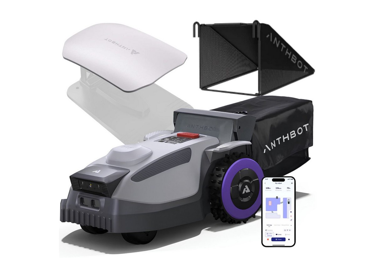 ANTHBOT Rasenmähroboter N8 Serie ohne Begrenzungskabel, 4-in-1, 23L Fangkorb, Auto-Entleerung, bis 1500 m² Rasenfläche, (Mähen, Mulchen, Grasschnitt sammeln & trockenes Herbstlaub aufnehmen, Full-Band-RTK + Dual-Kamera AI + KI-Hinderniserkennung), Auto-Laden & Fortsetzen, Schnitthöhe per App, bis 45 % Steigung